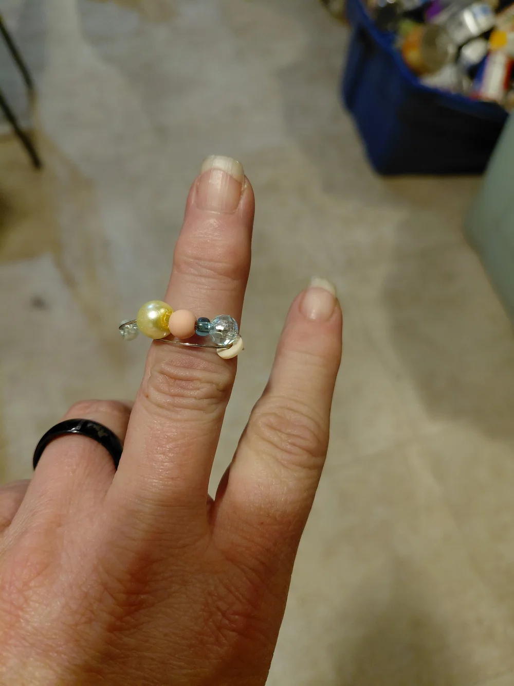 Multicolor Beaded Adjustable Ring — Yellow, Peach & Light Blue